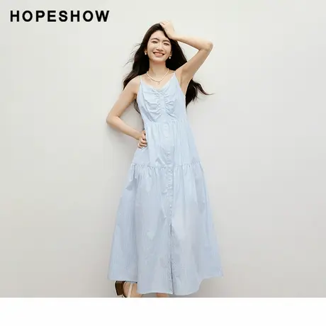 红袖2025秋季新款女装欧若风条纹蕾丝拼接打揽单排扣V领吊带裙图片