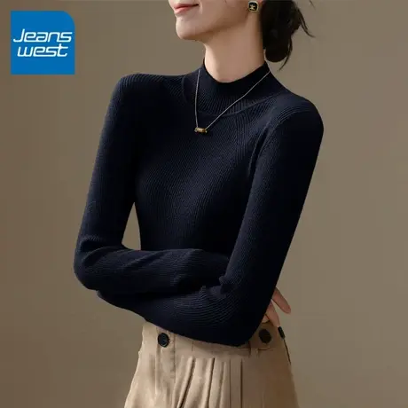 KV真维斯半高领套头针织衫女2025秋冬新款打底衫一体绒小个子毛衣商品大图