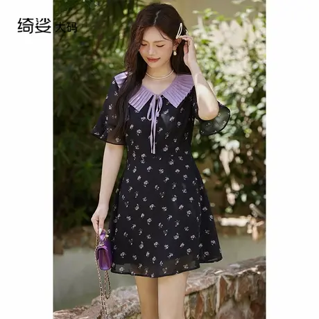 2025夏装新款撞色百褶领碎花雪纺短袖A字遮肉显瘦连衣裙商品大图