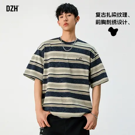 青少年撞色条纹短袖t恤男夏季潮牌2025新款刺绣圆领上衣美式体恤商品大图