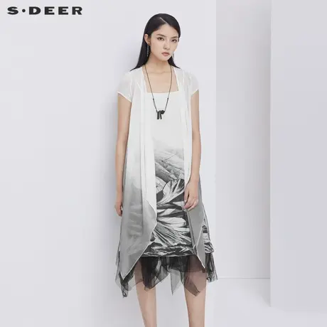 sdeer圣迪奥女夏季休闲清透开襟渐变晕染短袖上衣S192A1655图片