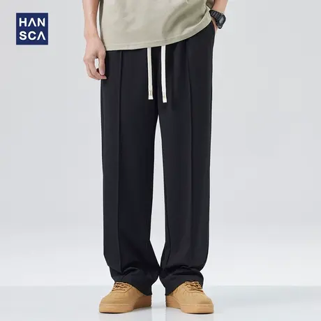hansca重磅黑色直筒休闲裤男春季潮牌宽松阔腿大码纯色运动卫裤子商品大图