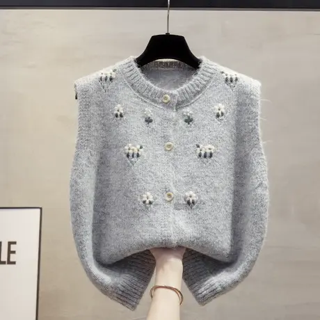 手工花开衫针织马甲背心女2025春秋新款宽松外穿马夹叠穿毛衣坎肩商品大图