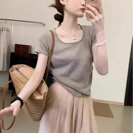 u领针织衫正肩短袖T恤女2025新款夏季设计感小众独特漂亮掐腰上衣商品大图