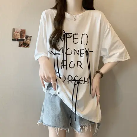 欧货潮牌短袖T恤女夏季宽松显瘦蝴蝶结拼接设计感小众上衣体恤潮商品大图