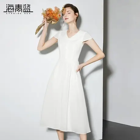 海青蓝 短袖翻领连衣裙2025年新款夏季女装海边度假女装中长裙子图片