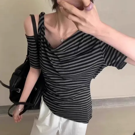 不规则一字斜肩吊带短袖T恤女夏季修身韩版条纹正肩半袖上衣ins潮商品大图