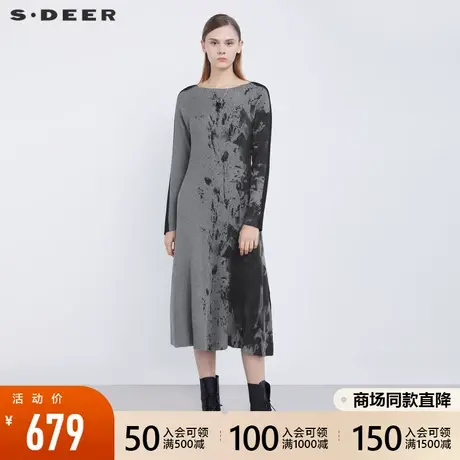 sdeer圣迪奥2021冬装新品圆领水墨晕染针织拼接连衣裙女S21481216商品大图