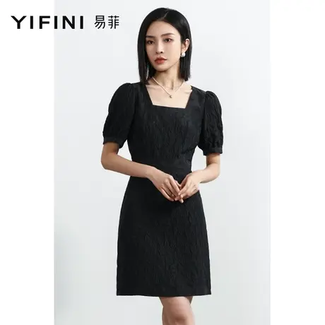 Yifini/易菲短袖方领法式复古连衣裙女2023夏季新款气质收腰中裙商品大图