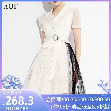 AUI杏色假两件网纱西装连衣裙女2023夏新款气质泡泡袖修身百褶裙图片