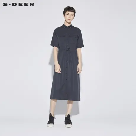 sdeer圣迪奥夏季翻领工装口袋收腰长款潮衬衫裙连衣裙女S18281211👕商品大图