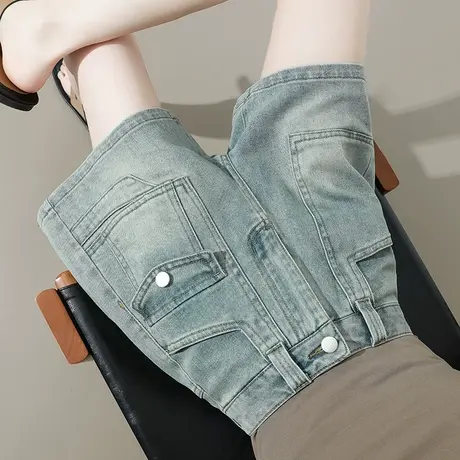 美式牛仔大口袋工装短裤女夏季薄款高腰显瘦宽松a字直筒阔腿热裤商品大图