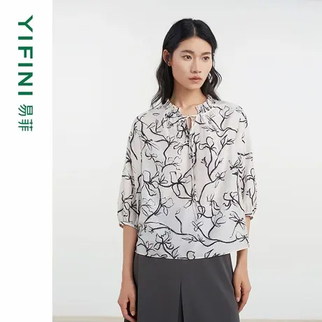 [专柜同款]Yifini/易菲醋酸印花七分袖宽松气质套头小衫D04S1432商品大图
