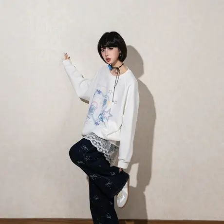 YEP韩系印花卫衣女春秋2025新款宽松加厚插肩袖套头无帽上衣加绒商品大图