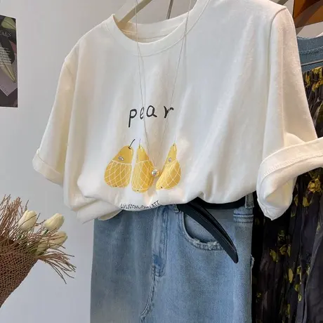 清新减龄水果短袖tee！韩国鸭梨印花软糯纯棉百搭宽松短袖T恤女商品大图