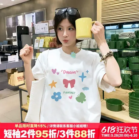 超好看夏季新款蝴蝶结印花白色短袖t恤女2025新款宽松纯棉上衣潮图片