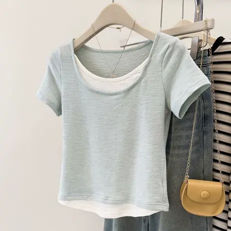 chic甜辣别致短袖T恤女夏季韩版修身打底衫假两件短款正肩上衣潮图片