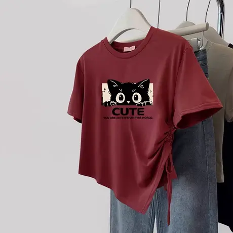 高级感小众T恤女胖mm大码不规则遮肚下摆短袖ins夏季百搭短款上衣商品大图