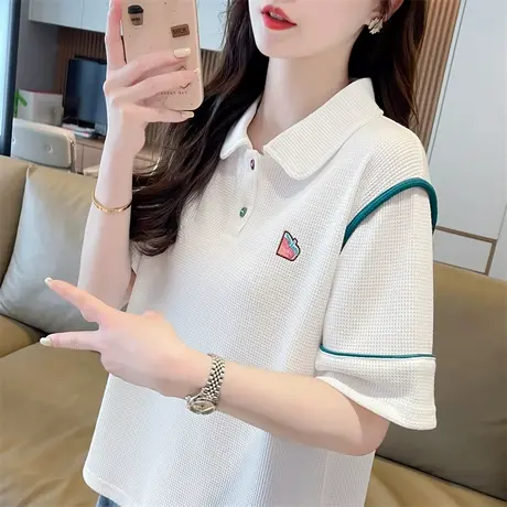 翻领polo衫华夫格短袖t恤女夏装韩版宽松小个子减龄学生百搭上衣图片