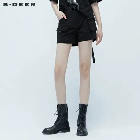 sdeer圣迪奥女装夏装个性休闲口袋腰带直筒黑色工装短裤S20280921商品大图