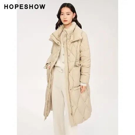 红袖outlets抽绳云朵领羽绒服女hopeshow2023冬款长款白鸭绒外套商品大图