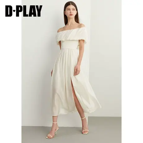 DPLAY夏新法式度假风奶油杏一字肩大摆气质显瘦连衣裙长裙女商品大图