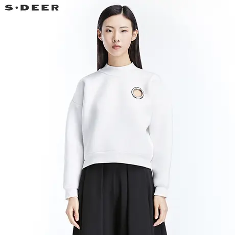 sdeer圣迪奥女2017秋装个性圆环白色短款卫衣外套上衣S17182250图片