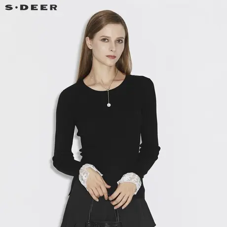 sdeer圣迪奥女装春秋装罗纹圆领开衩蕾丝毛衣针织衫女S21363526图片
