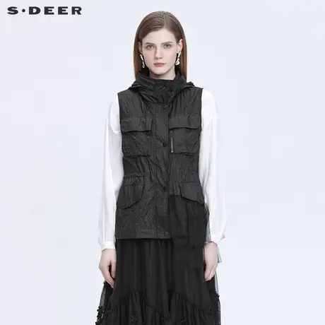 sdeer圣迪奥女装2022新款网纱拼接肌理褶皱连帽黑色马甲S22181602图片