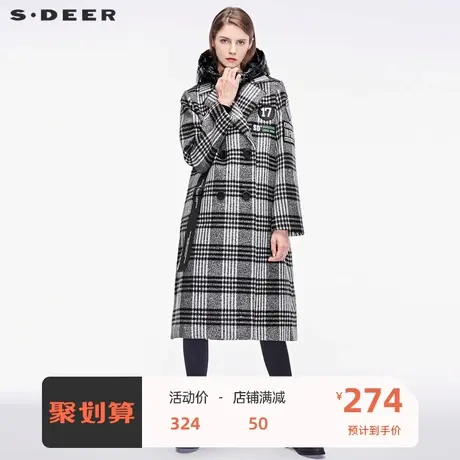 sdeer圣迪奥布贴飘带装饰复古格纹面料平驳领连帽两件套S18481824图片