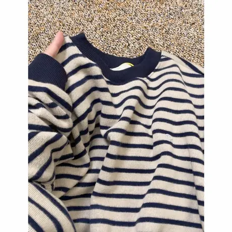 美式oversize条纹圆领卫衣女春秋2024新款爆款宽松独特超好看上衣图片