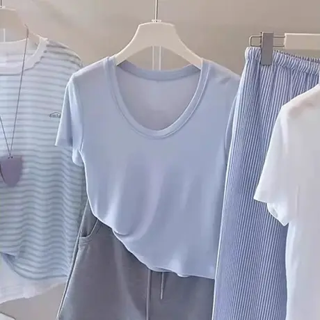简约纯色U领正肩短袖T恤女夏季宽松韩版打底衫薄款微透半袖上衣潮图片