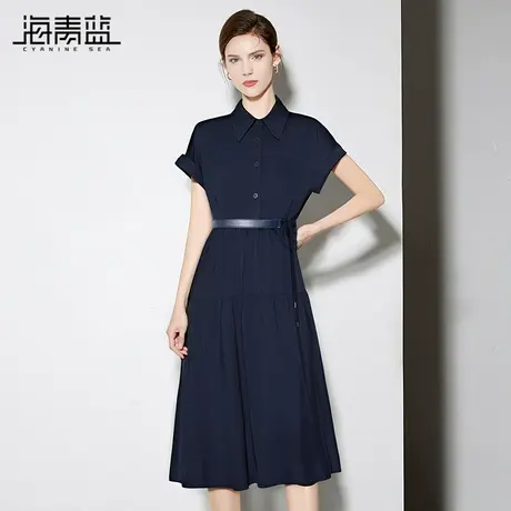海青蓝 立领连衣裙2025年新款纯色高级设计感短袖女装中长款裙子商品大图
