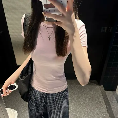 辣妹紧身收腰短袖T恤女夏季韩版修身小个子短款粉色正肩半袖上衣商品大图