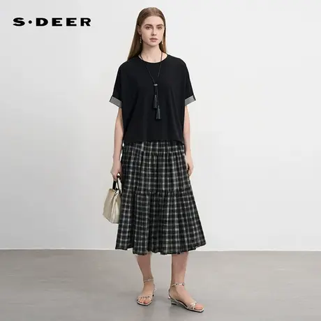 sdeer圣迪奥女装田园风松紧高腰撞色格纹长裙S252Z1105商品大图