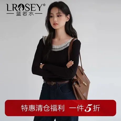 蓝若水大码女装法式花边圆领修身打底衫胖mm秋季新款显瘦复古上衣商品大图