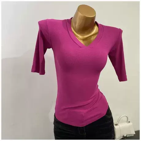 火龙果色！性感V领中袖T恤女2021韩国夏修身五分袖打底气质上衣商品大图
