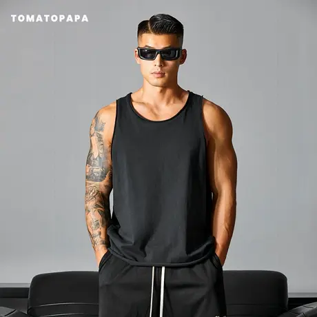 TOMATOPAPA夏季背心2025男士圆领卷边宽松运动健身纯色无袖体恤潮图片