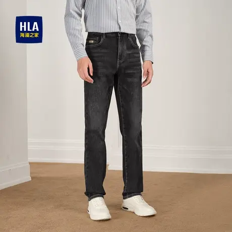 HLA/海澜之家刺绣牛仔裤秋冬洗水五袋款直筒加厚保暖裤子男商品大图