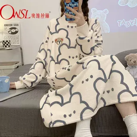 珊瑚绒睡衣女秋冬季加厚加绒卡通可爱睡裙女法兰绒家居服商品大图