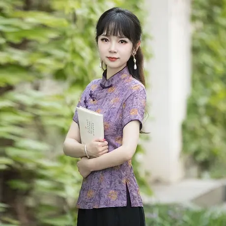 筠雅唐装女中国风改良旗袍上衣女夏季短袖复古时尚年轻款棉麻茶服图片