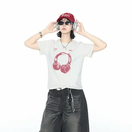 美式街头甜辣风短款耳机印花短袖T恤女2025夏季新款正肩修身上衣图片