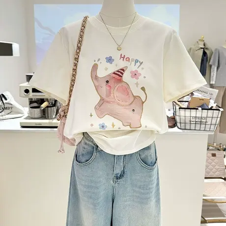 夏季新款韩系百搭卡通减龄印花宽松显瘦短袖雪花棉T恤女上衣半袖图片