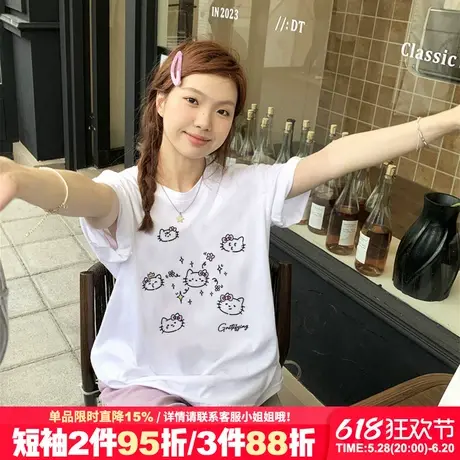 chic学院风凯蒂猫印花白色短袖t恤女小众超火宽松休闲纯棉上衣夏商品大图