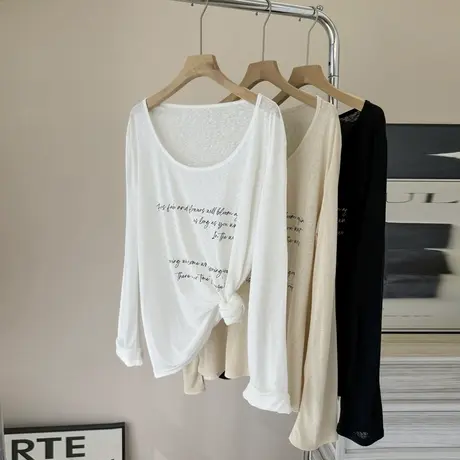 美式字母印花长袖防晒罩衫女夏季2025新款宽松薄款微透T恤上衣服图片