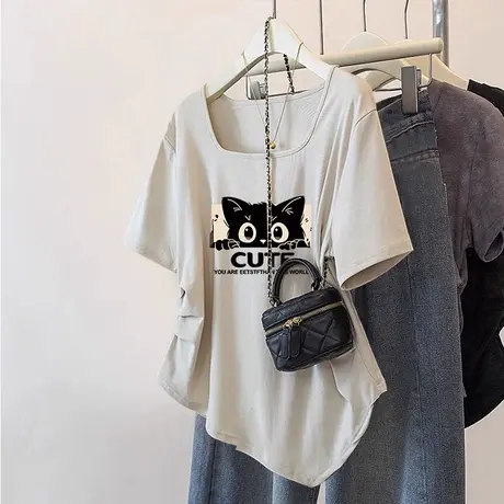 韩系chic大领口T恤女不规则设计感小众上衣潮ins夏季大码显瘦短袖图片