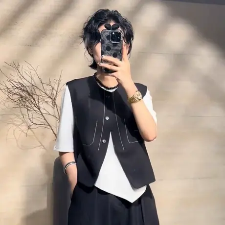 2025秋季新款欧货明线假口袋西装马甲外套女百搭设计感坎肩上衣潮商品大图