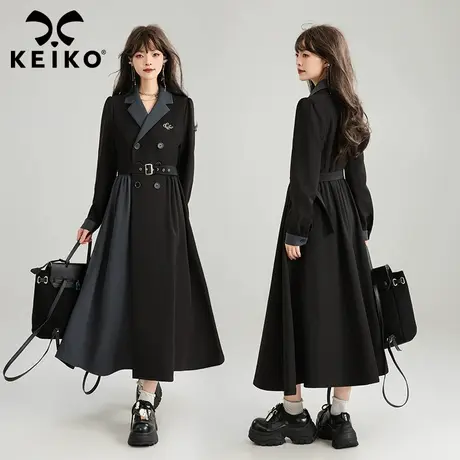 KEIKO 法式高级感裙式系带风衣女2025春季新款撞色西装领长款外套商品大图