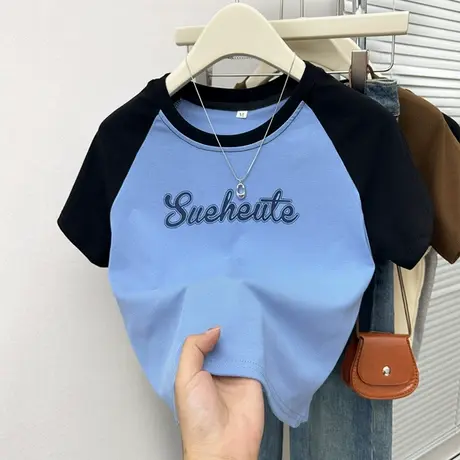 撞色插肩短袖t恤女2025新款夏季修身显瘦小个子短款半袖上衣潮ins商品大图