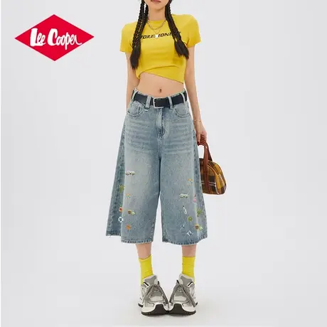 Lee Cooper/李库珀 趣味贴纸印花牛仔七分裤女宽松显瘦阔腿中裤子图片